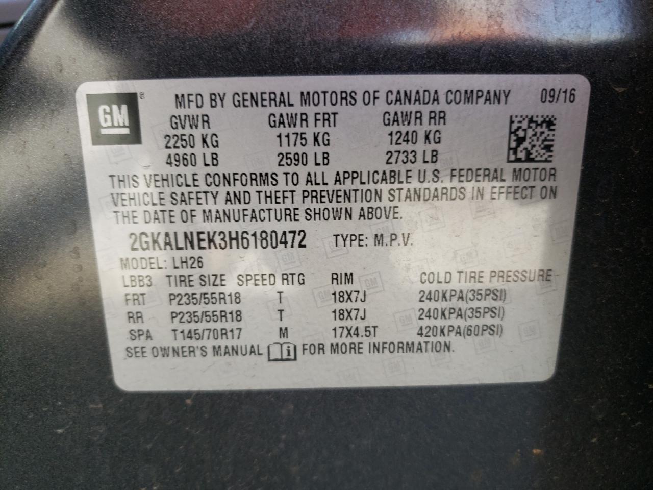 Photo 10 from auction – 2017 GMC TERRAIN SL with VIN 2GKALNEK3H6180472