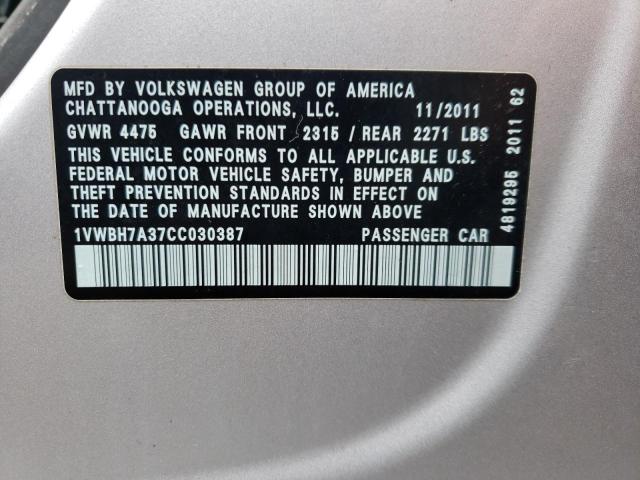 Photo 10 from auction – 2012 VOLKSWAGEN PASSAT SE with VIN 1VWBH7A37CC030387