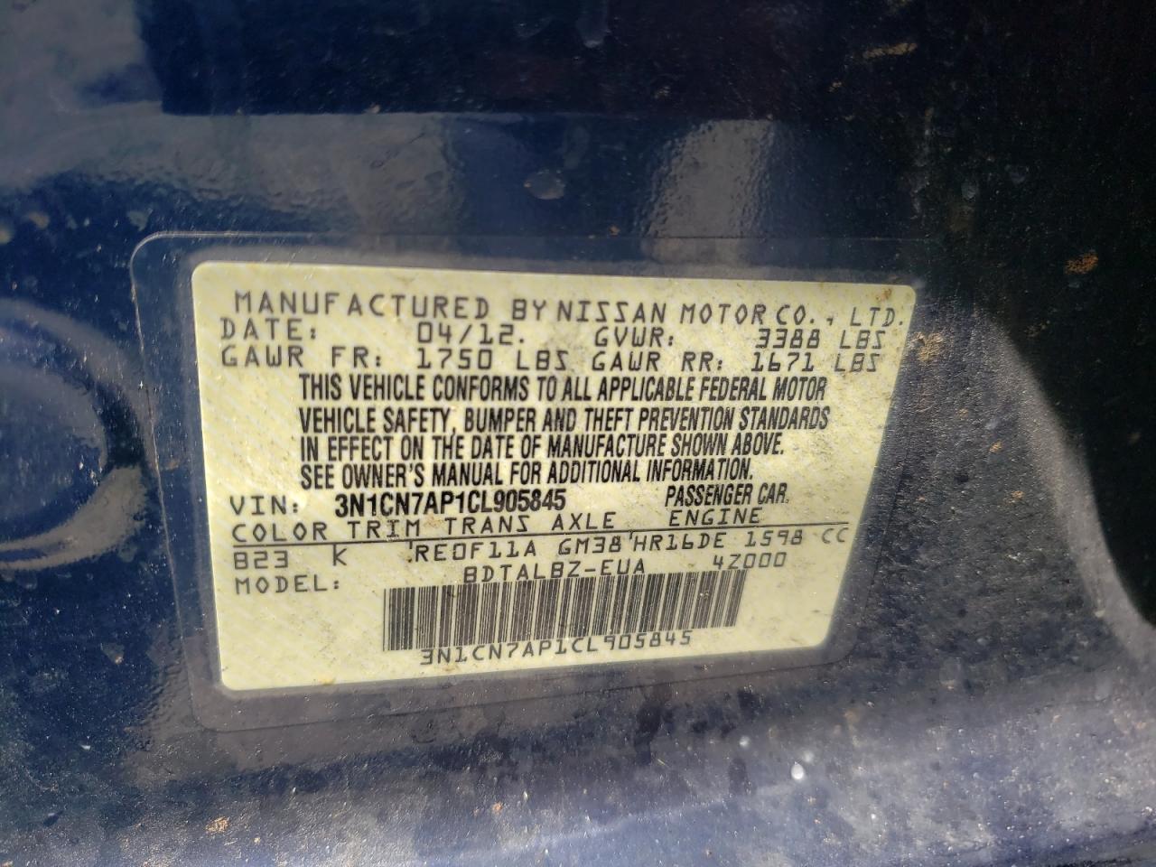 Photo 10 from auction – 2012 NISSAN VERSA S with VIN 3N1CN7AP1CL905845