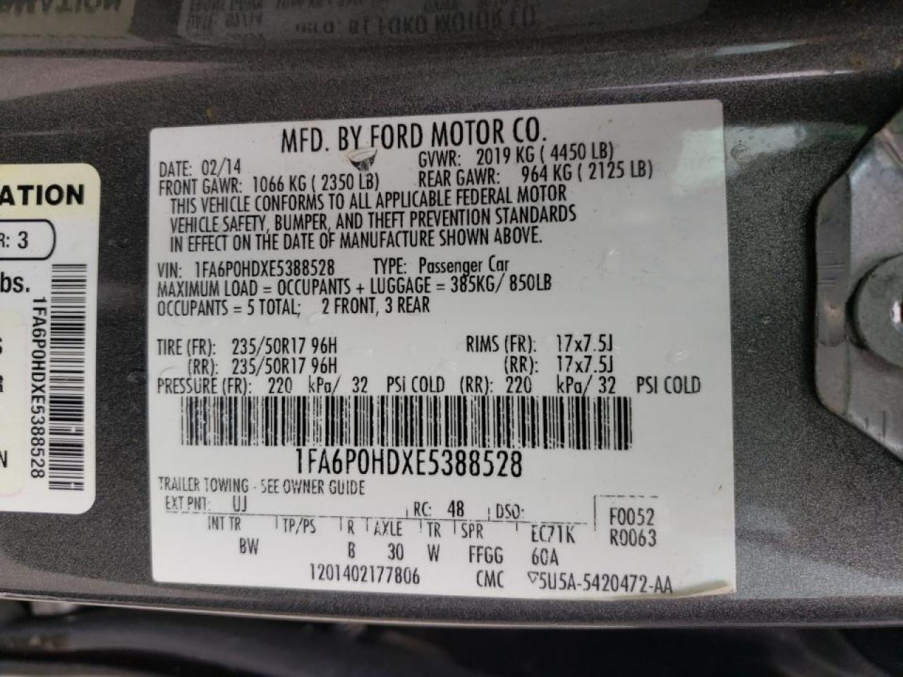 Photo 10 from auction – 2014 FORD FUSION SE with VIN 1FA6P0HDXE5388528