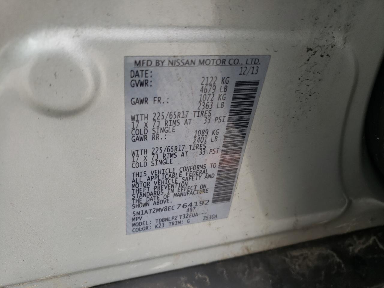 Photo 10 from auction – 2014 NISSAN ROGUE S with VIN 5N1AT2MV8EC764192