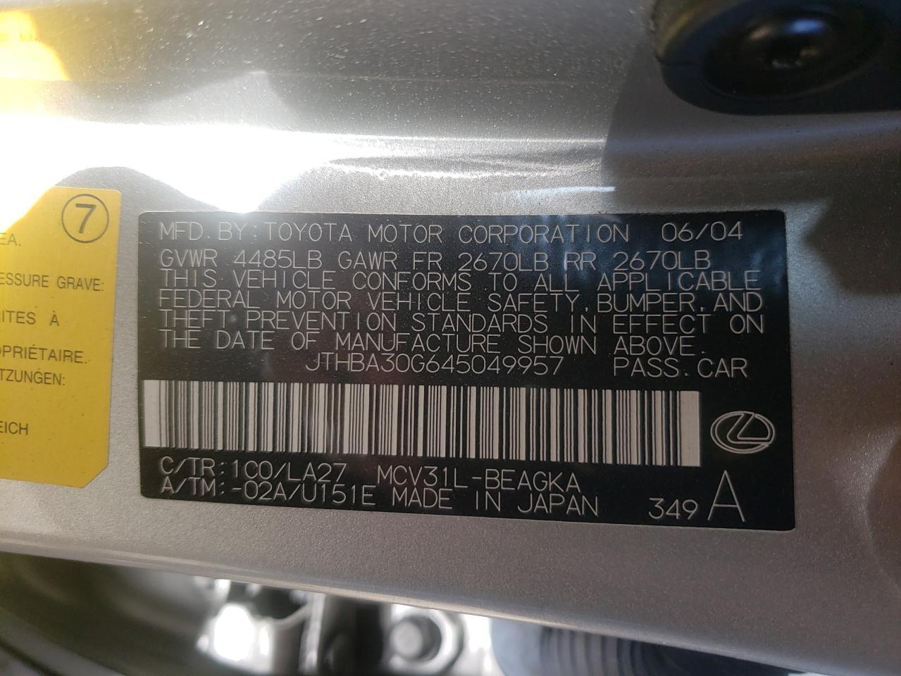 Photo 10 from auction – 2004 LEXUS ES 330 with VIN JTHBA30G645049957