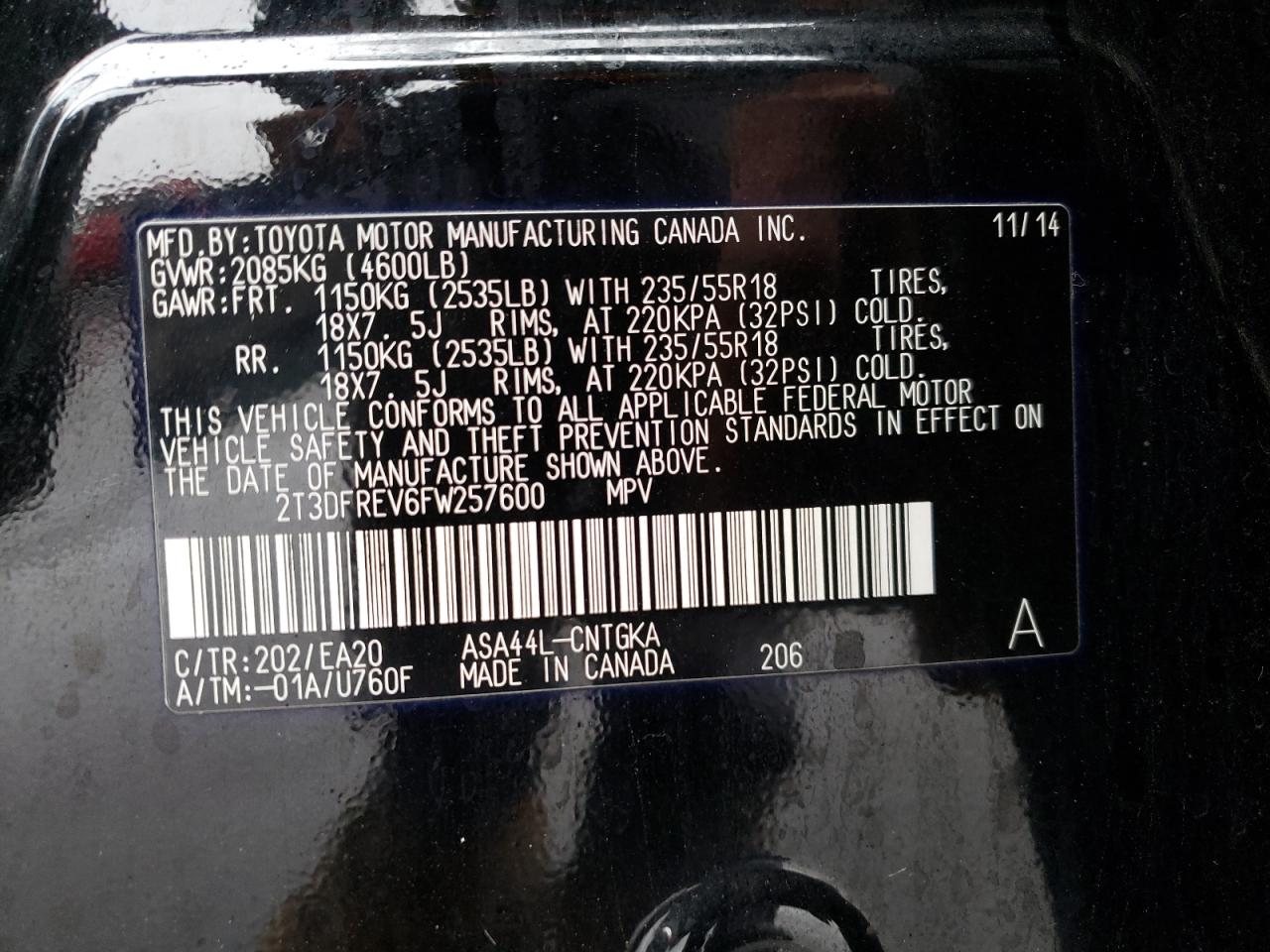 Photo 10 from auction – 2015 TOYOTA RAV4 LIMIT with VIN 2T3DFREV6FW257600