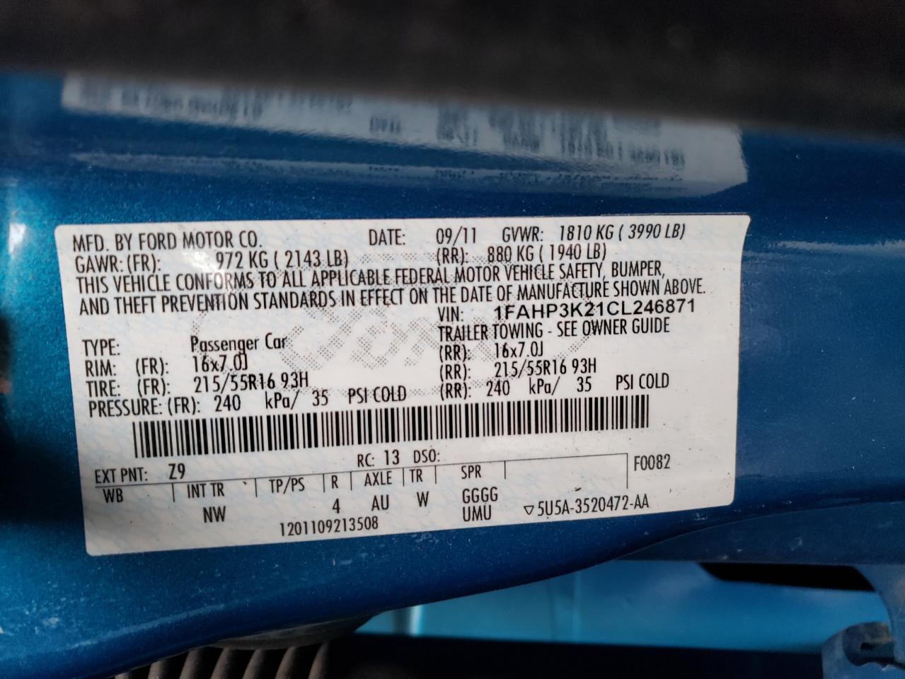 Foto 10 de la subasta – 2012 FORD FOCUS SE con VIN 1FAHP3K21CL246871