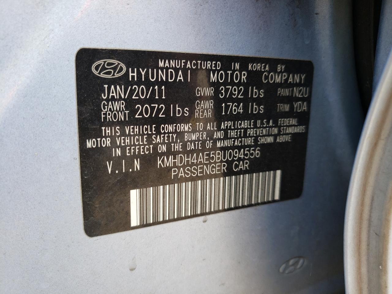 Photo 10 from auction – 2011 HYUNDAI ELANTRA GL with VIN KMHDH4AE5BU094556