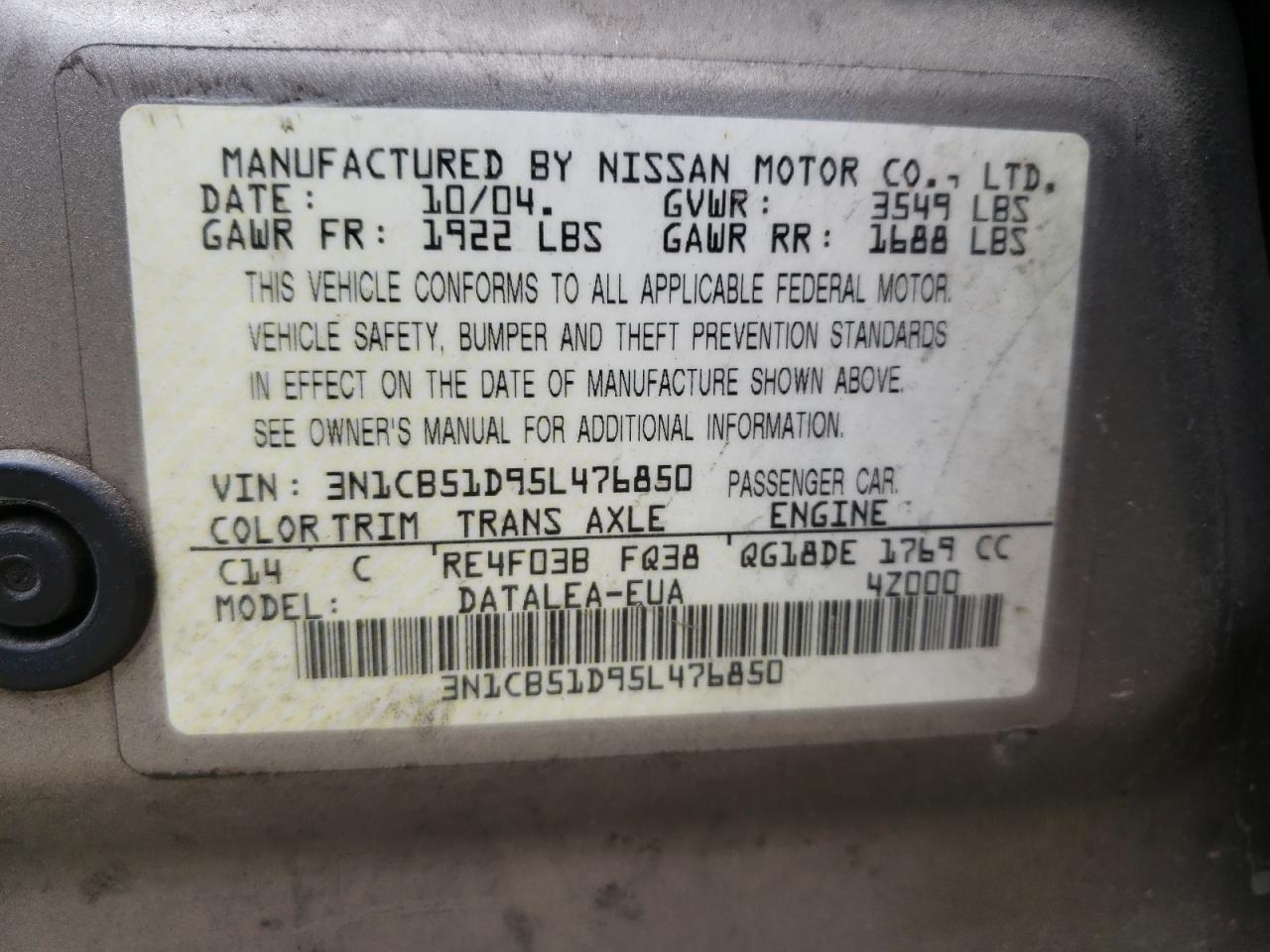 Photo 10 from auction – 2005 NISSAN SENTRA 1.8 with VIN 3N1CB51D95L476850