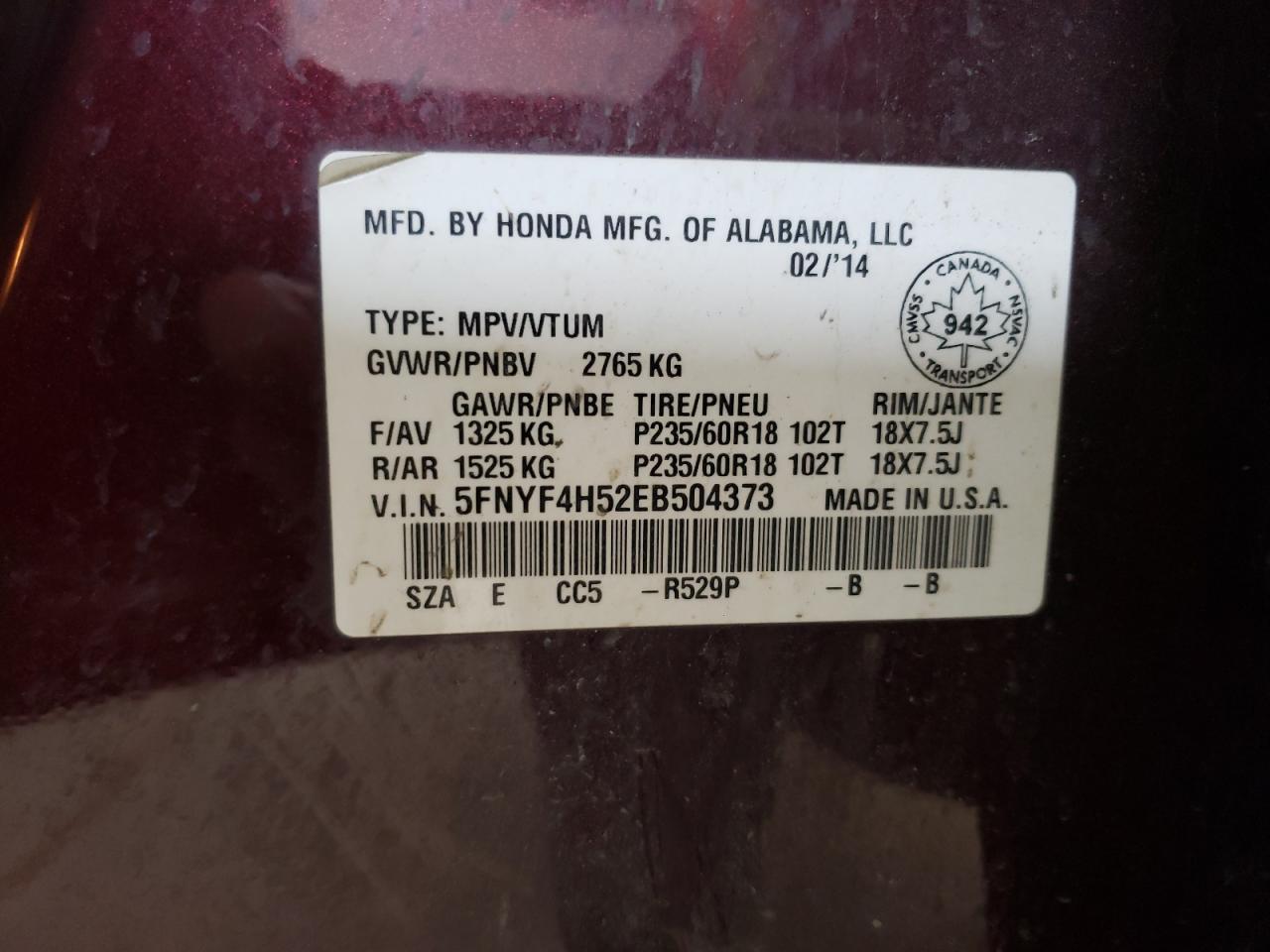 Photo 10 from auction – 2014 HONDA PILOT EXL with VIN 5FNYF4H52EB504373