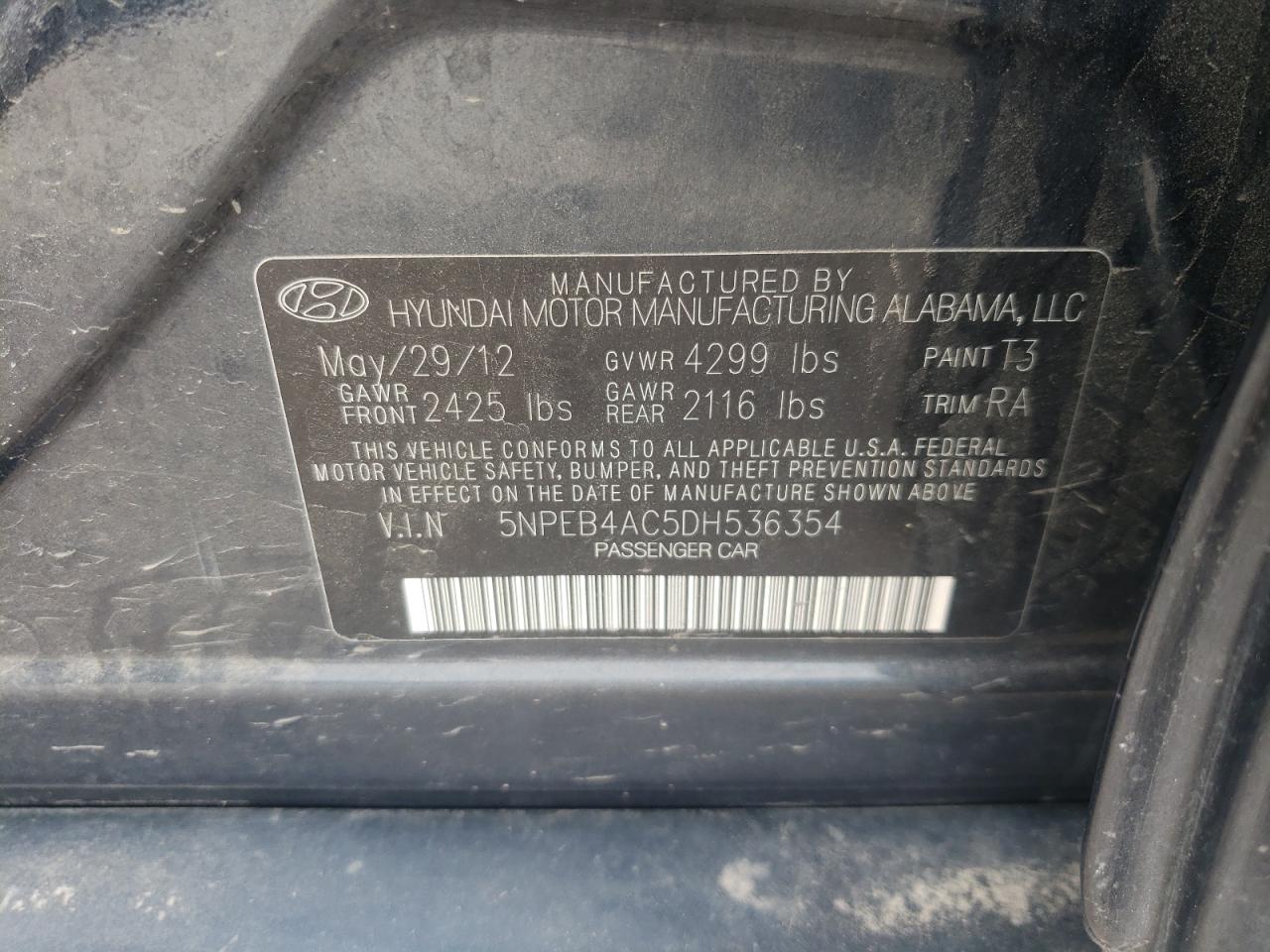 Photo 10 from auction – 2013 HYUNDAI SONATA GLS with VIN 5NPEB4AC5DH536354