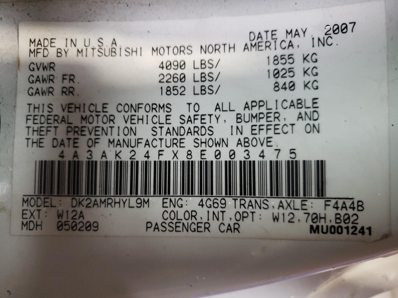 Photo 10 from auction – 2008 MITSUBISHI ECLIPSE GS with VIN 4A3AK24FX8E003475