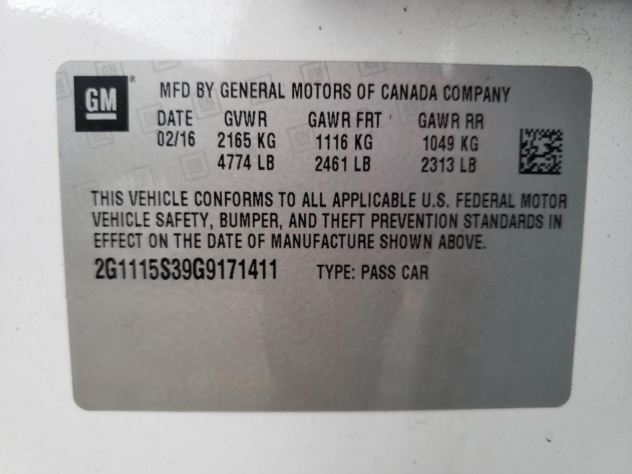 Photo 10 from auction – 2016 CHEVROLET IMPALA LT with VIN 2G1115S39G9171411
