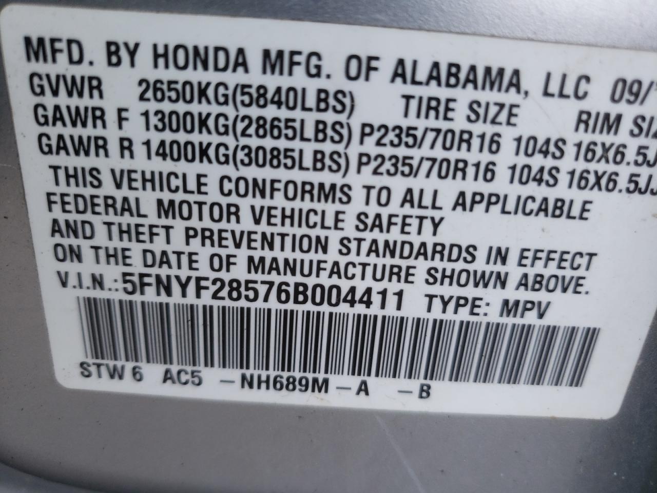 Фото 10 с аукциона – 2006 HONDA PILOT EX с VIN 5FNYF28576B004411
