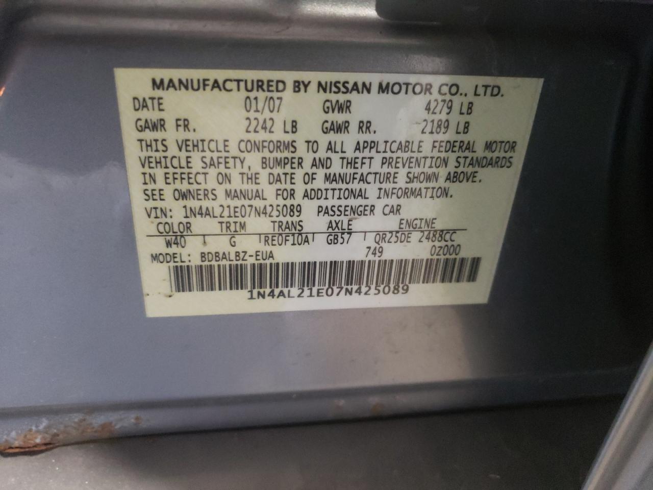 Photo 10 from auction – 2007 NISSAN ALTIMA 2.5 with VIN 1N4AL21E07N425089