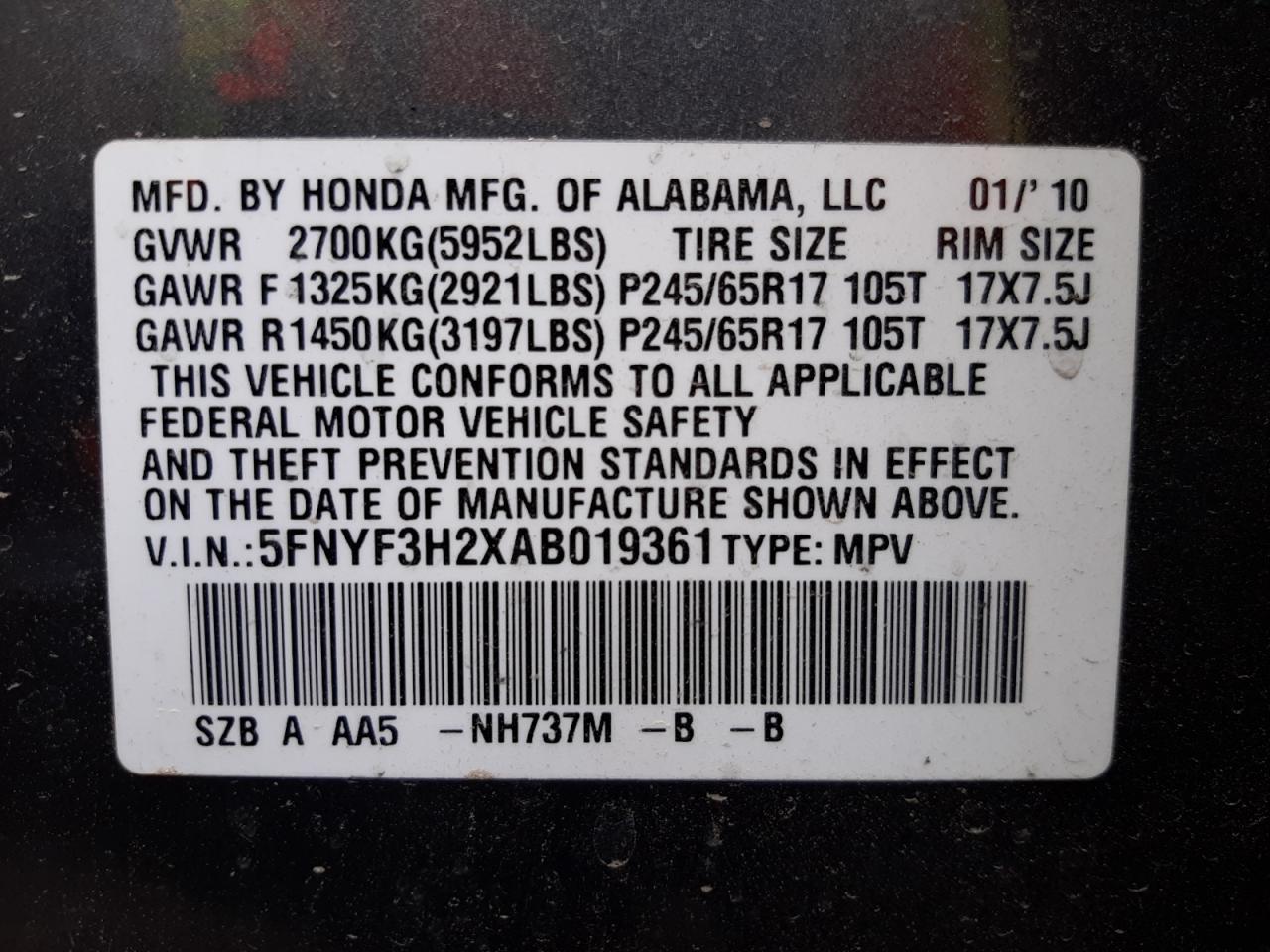 Photo 10 from auction – 2010 HONDA PILOT LX with VIN 5FNYF3H2XAB019361