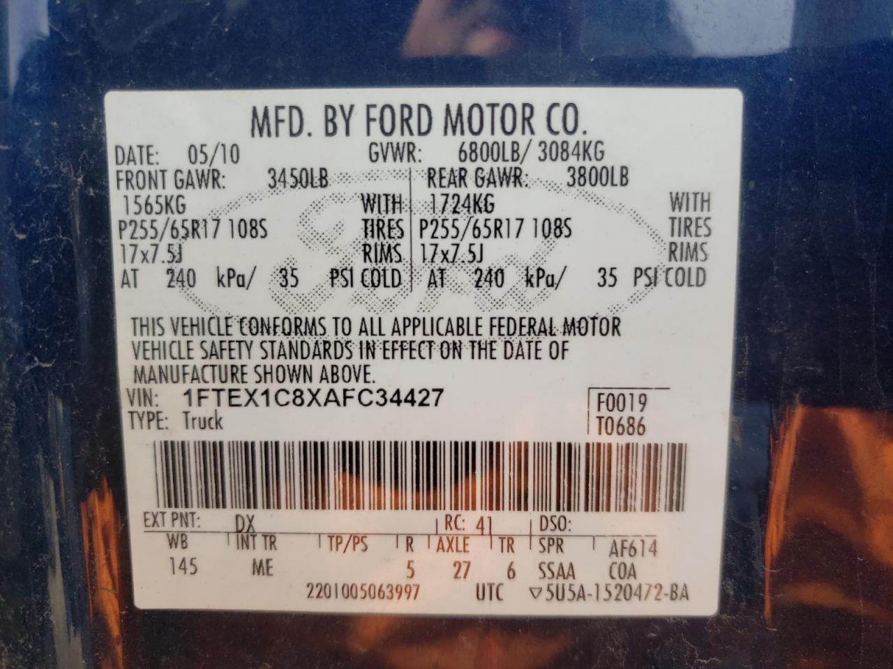 Photo 10 from auction – 2010 FORD F150 SUPER with VIN 1FTEX1C8XAFC34427