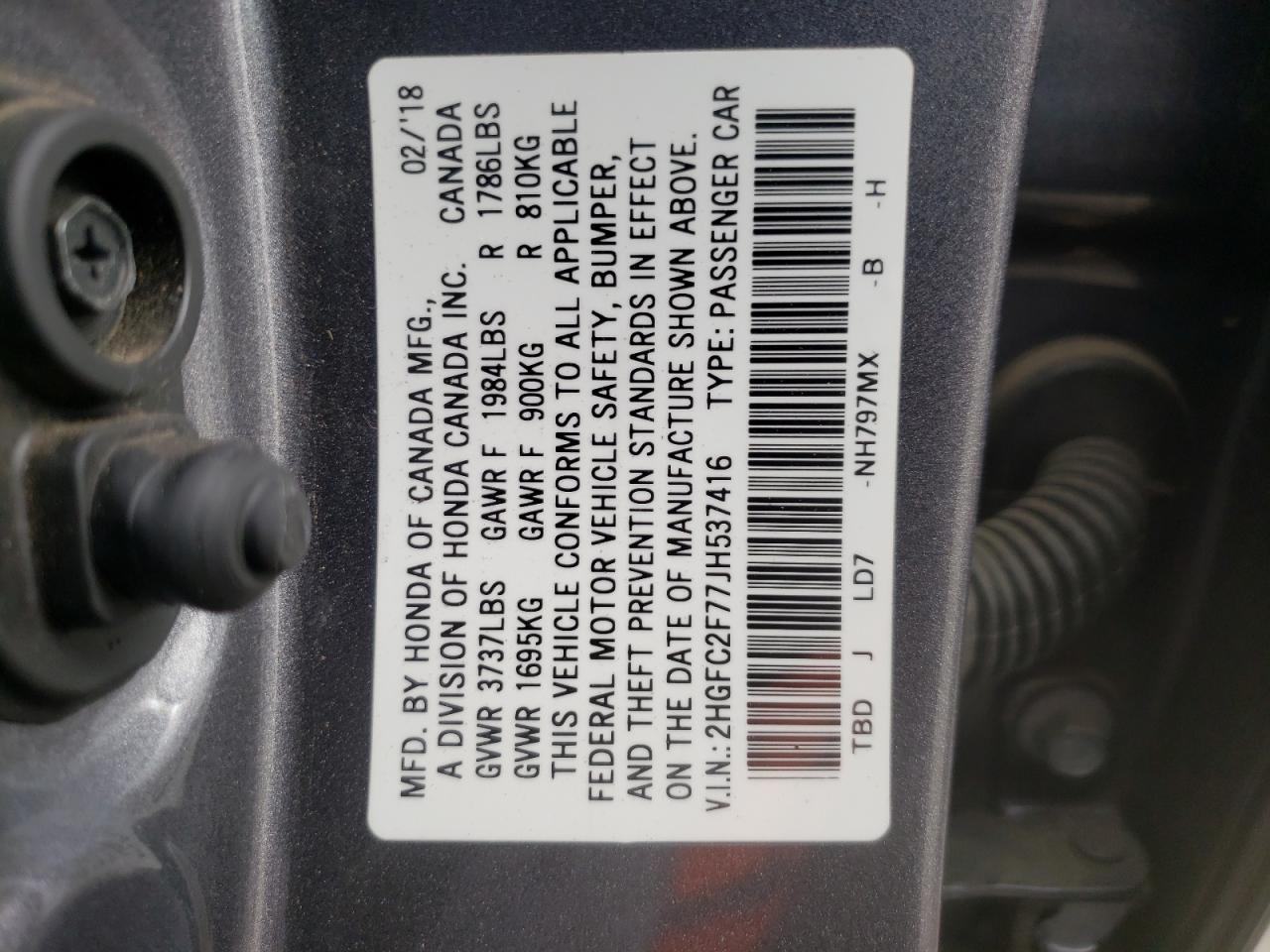 Photo 10 from auction – 2018 HONDA CIVIC EX with VIN 2HGFC2F77JH537416