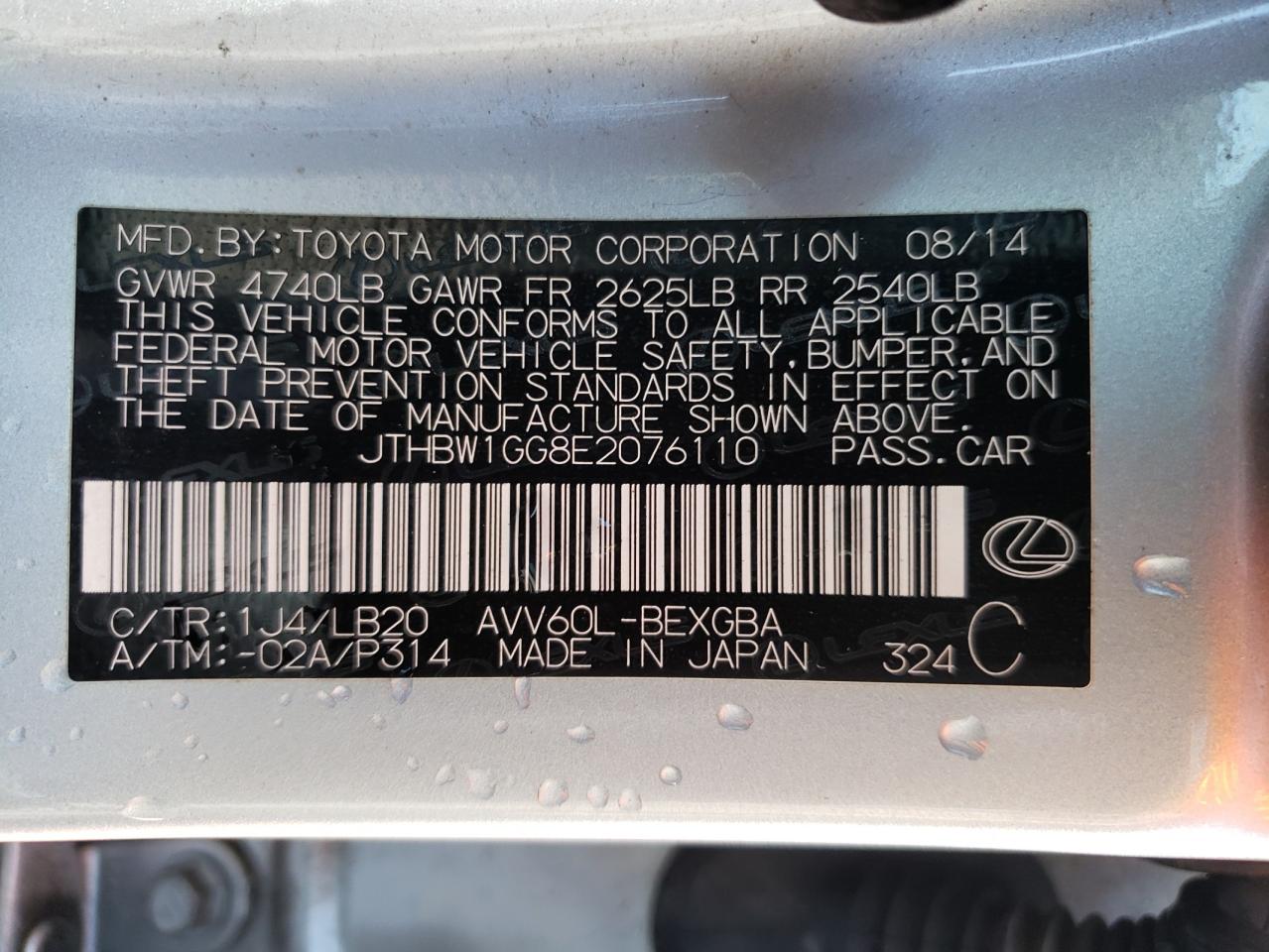 Photo 10 from auction – 2014 LEXUS ES 300H with VIN JTHBW1GG8E2076110