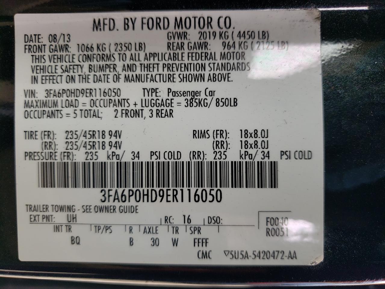 Photo 10 from auction – 2014 FORD FUSION SE with VIN 3FA6P0HD9ER116050