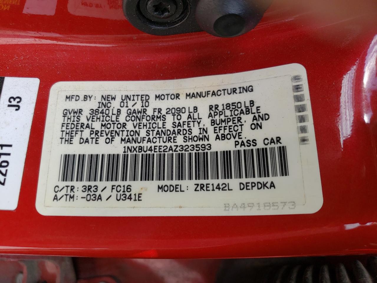 Photo 10 from auction – 2010 TOYOTA COROLLA BA with VIN 1NXBU4EE2AZ323593