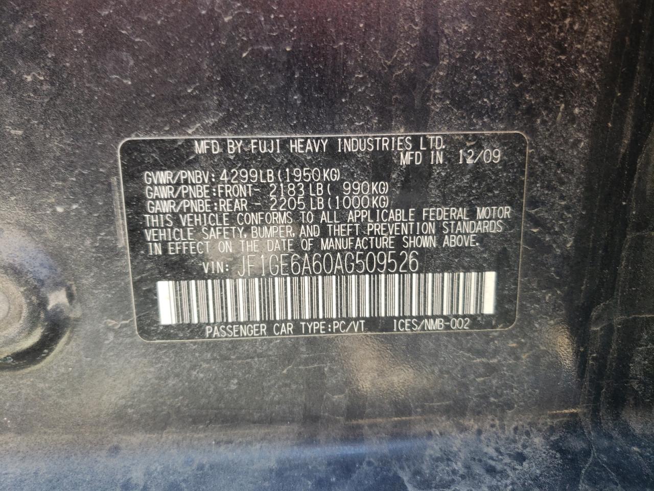 Photo 10 from auction – 2010 SUBARU IMPREZA 2. with VIN JF1GE6A60AG509526