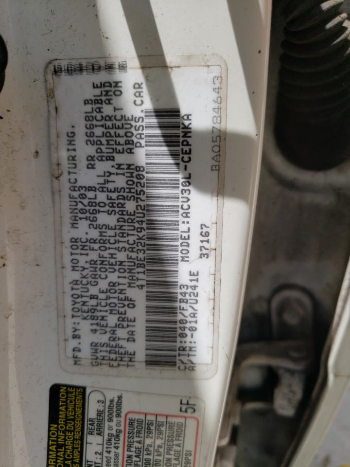 Photo 10 from auction – 2004 TOYOTA CAMRY LE with VIN 4T1BE32K94U275208