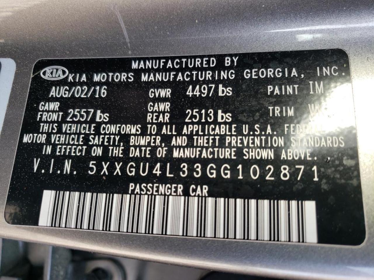 Photo 10 from auction – 2016 KIA OPTIMA EX with VIN 5XXGU4L33GG102871