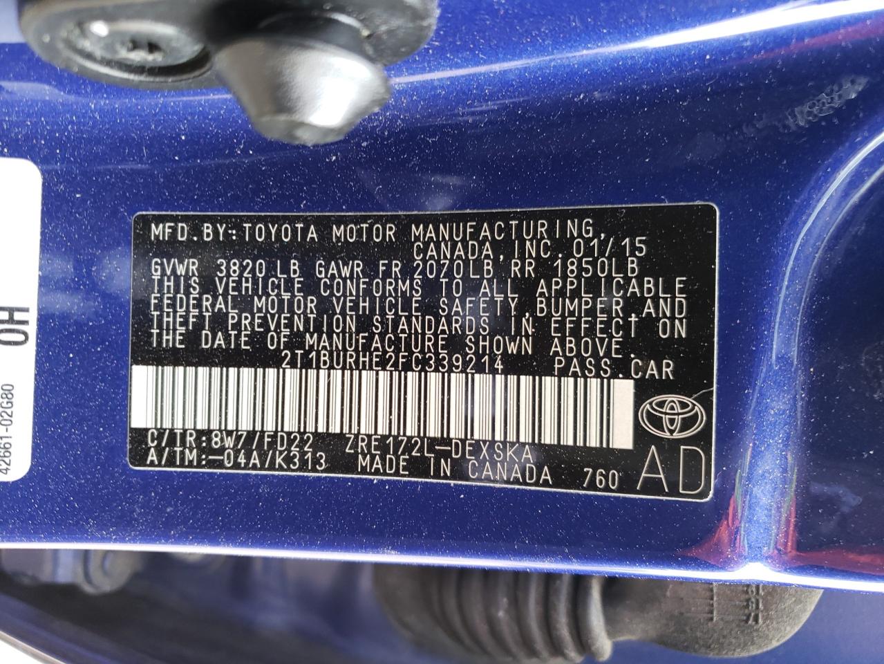 Photo 10 from auction – 2015 TOYOTA COROLLA L with VIN 2T1BURHE2FC339214