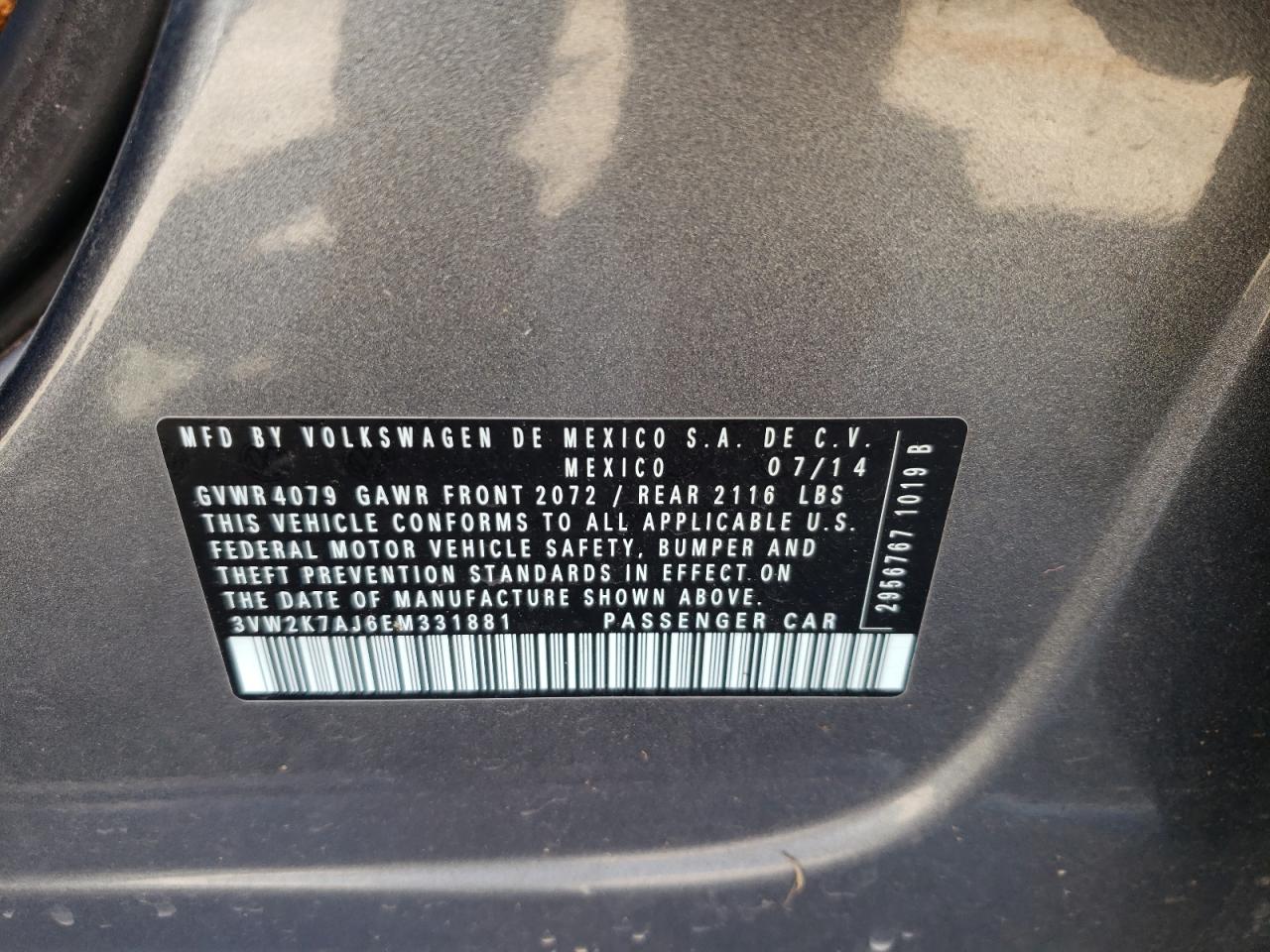 Photo 10 from auction – 2014 VOLKSWAGEN JETTA BASE with VIN 3VW2K7AJ6EM331881