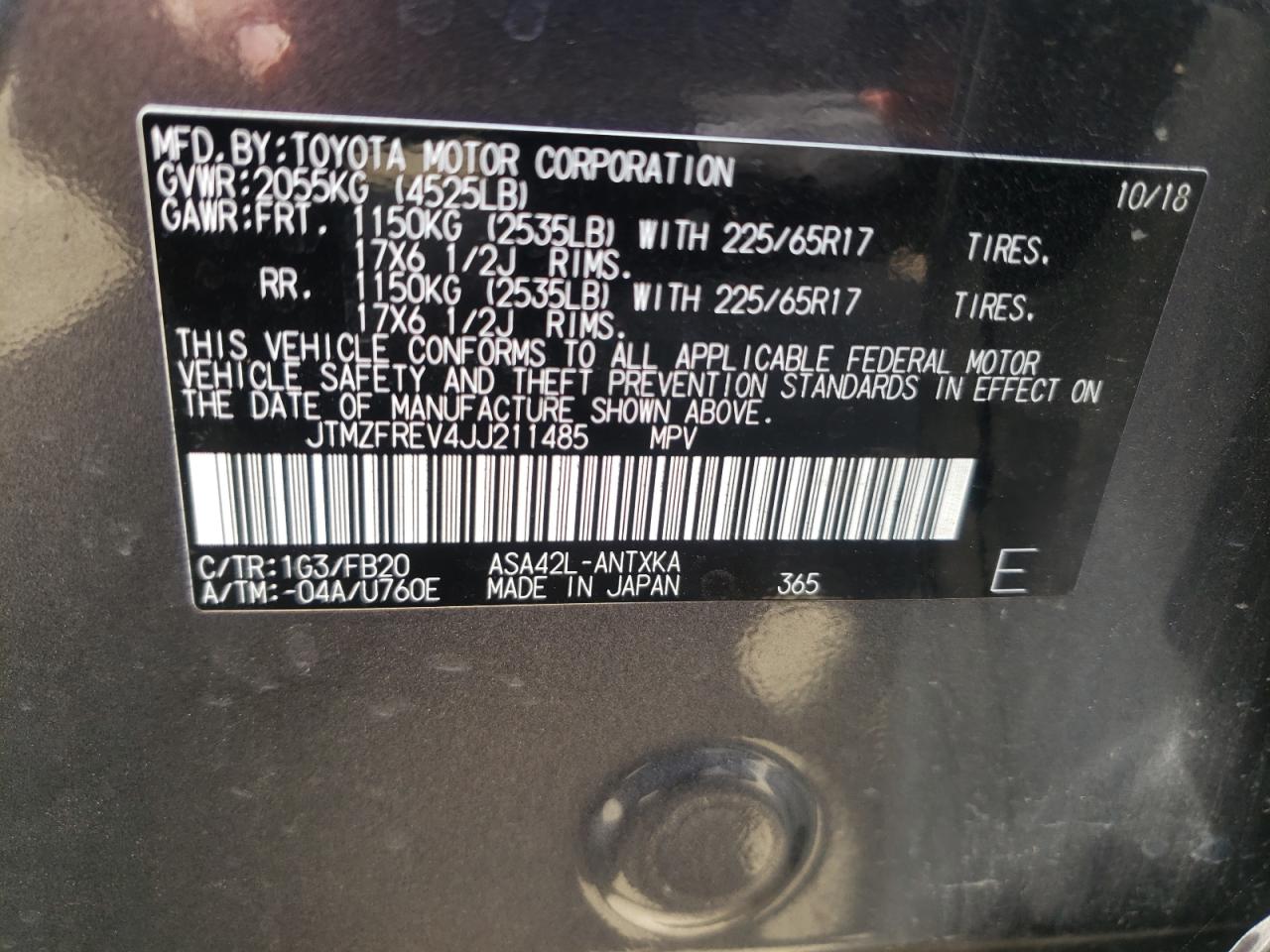 Photo 10 from auction – 2018 TOYOTA RAV4 LE with VIN JTMZFREV4JJ211485