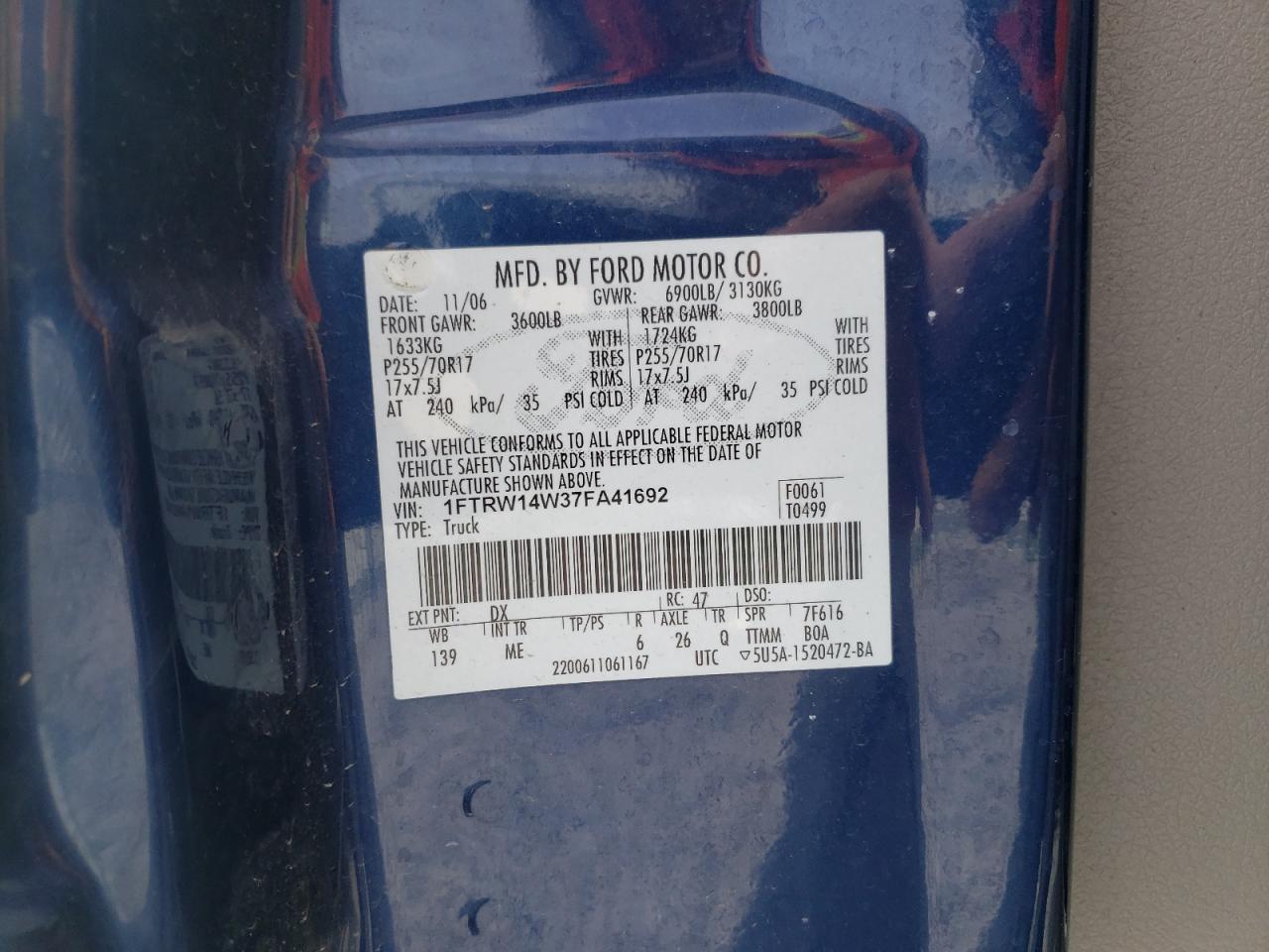 Photo 10 from auction – 2007 FORD F150 SUPER with VIN 1FTRW14W37FA41692