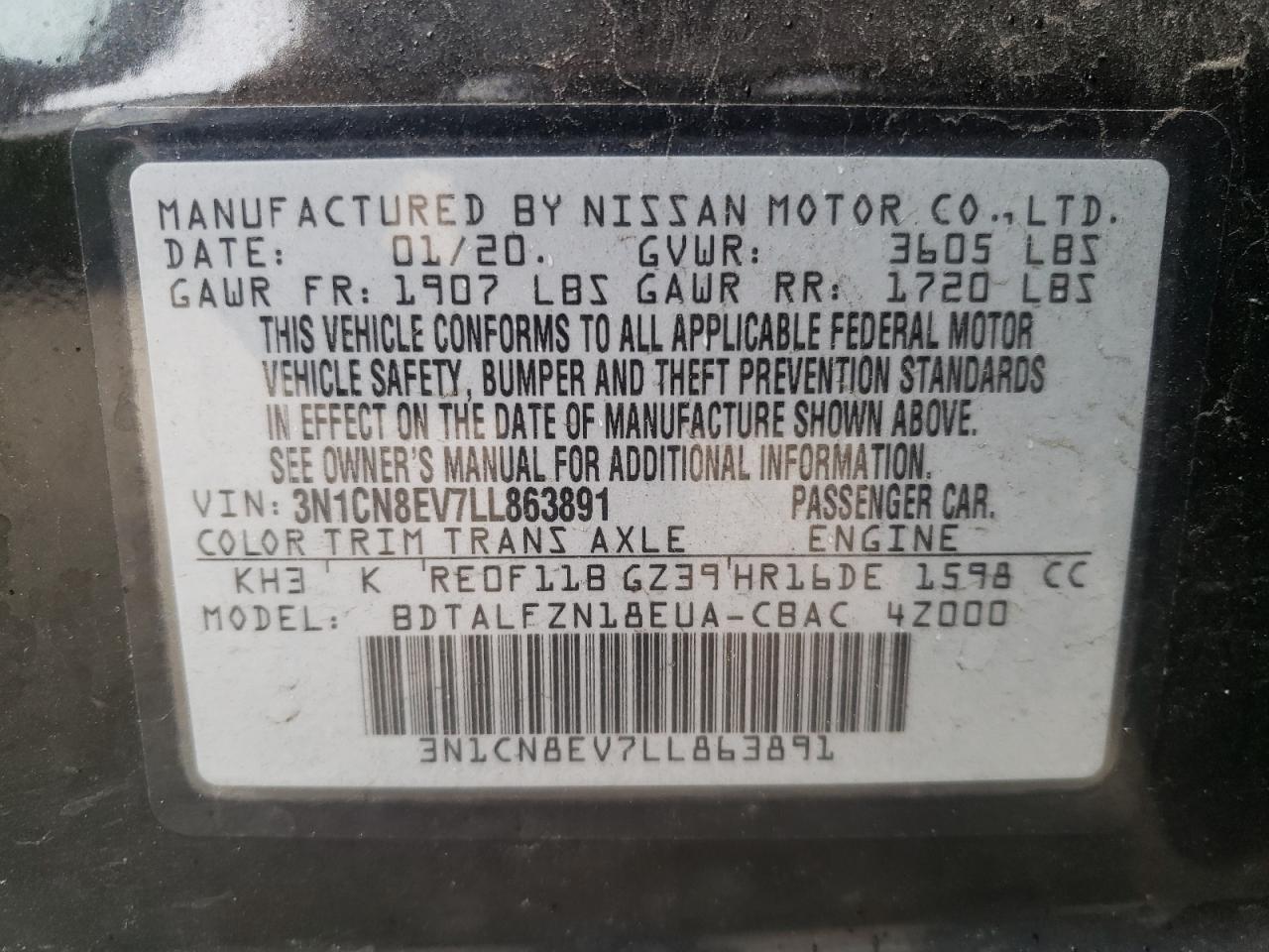 Photo 10 from auction – 2020 NISSAN VERSA SV with VIN 3N1CN8EV7LL863891