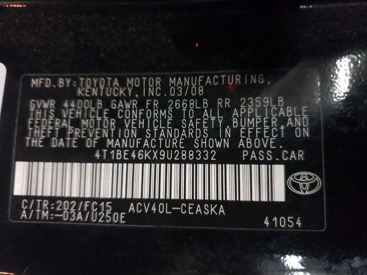 Photo 10 from auction – 2009 TOYOTA CAMRY BASE with VIN 4T1BE46KX9U288332