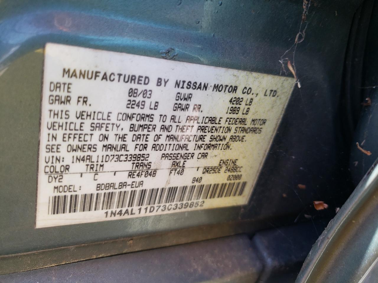 Photo 10 from auction – 2003 NISSAN ALTIMA BAS with VIN 1N4AL11D73C339852
