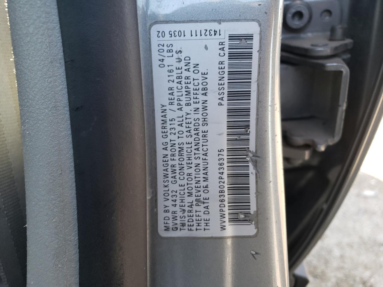 Photo 10 from auction – 2002 VOLKSWAGEN PASSAT GLS with VIN WVWPD63B02P436375