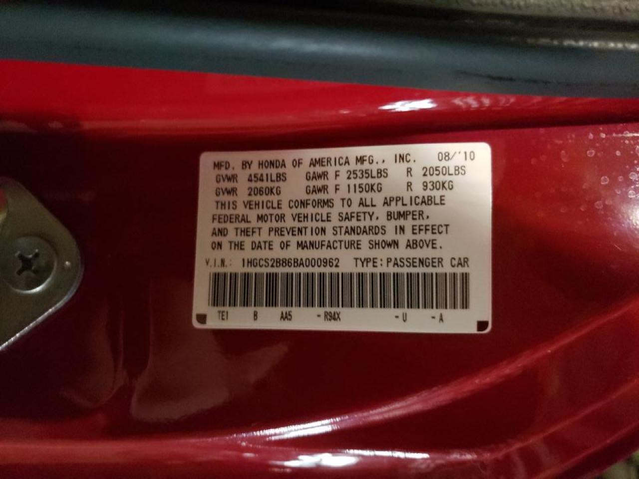 Photo 10 from auction – 2011 HONDA ACCORD EXL with VIN 1HGCS2B86BA000962