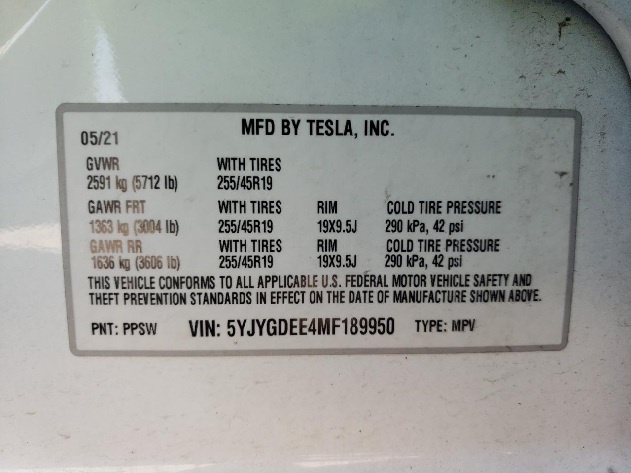Photo 10 from auction – 2021 TESLA MODEL Y with VIN 5YJYGDEE4MF189950