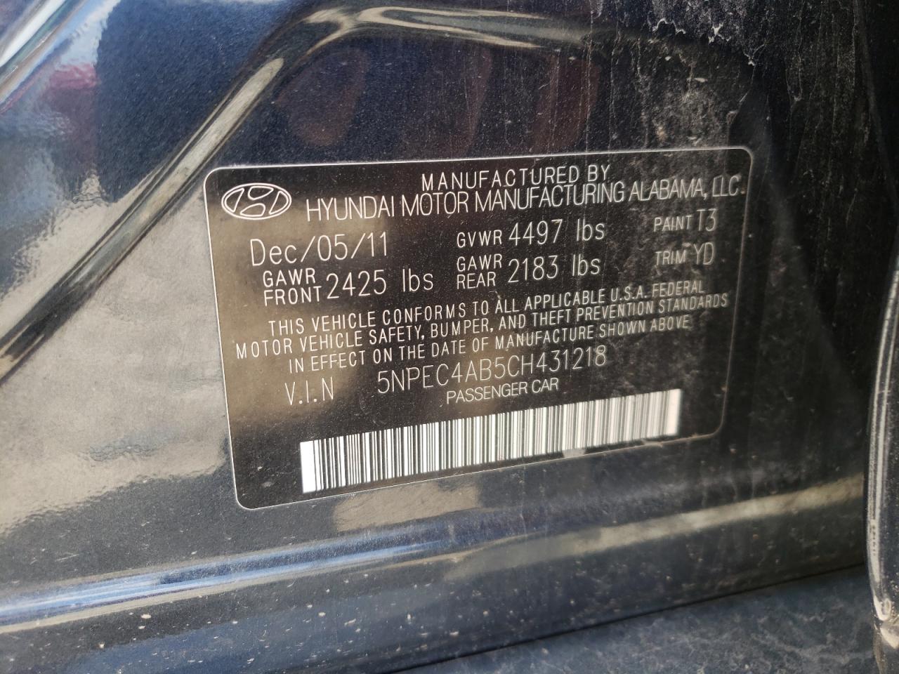 Фото 10 с аукциона – 2012 HYUNDAI SONATA SE с VIN 5NPEC4AB5CH431218