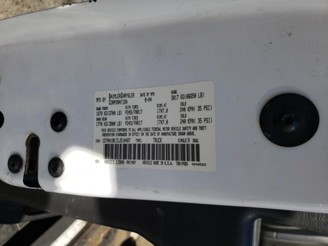 Photo 10 from auction – 2005 DODGE RAM 1500 S with VIN 1D7HA18K15J510487