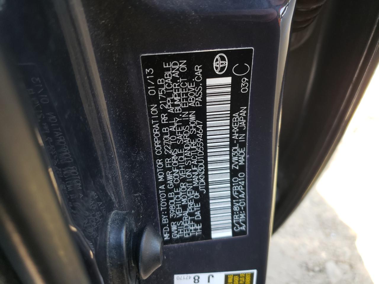 Photo 10 from auction – 2013 TOYOTA PRIUS with VIN JTDKN3DU1D5594647
