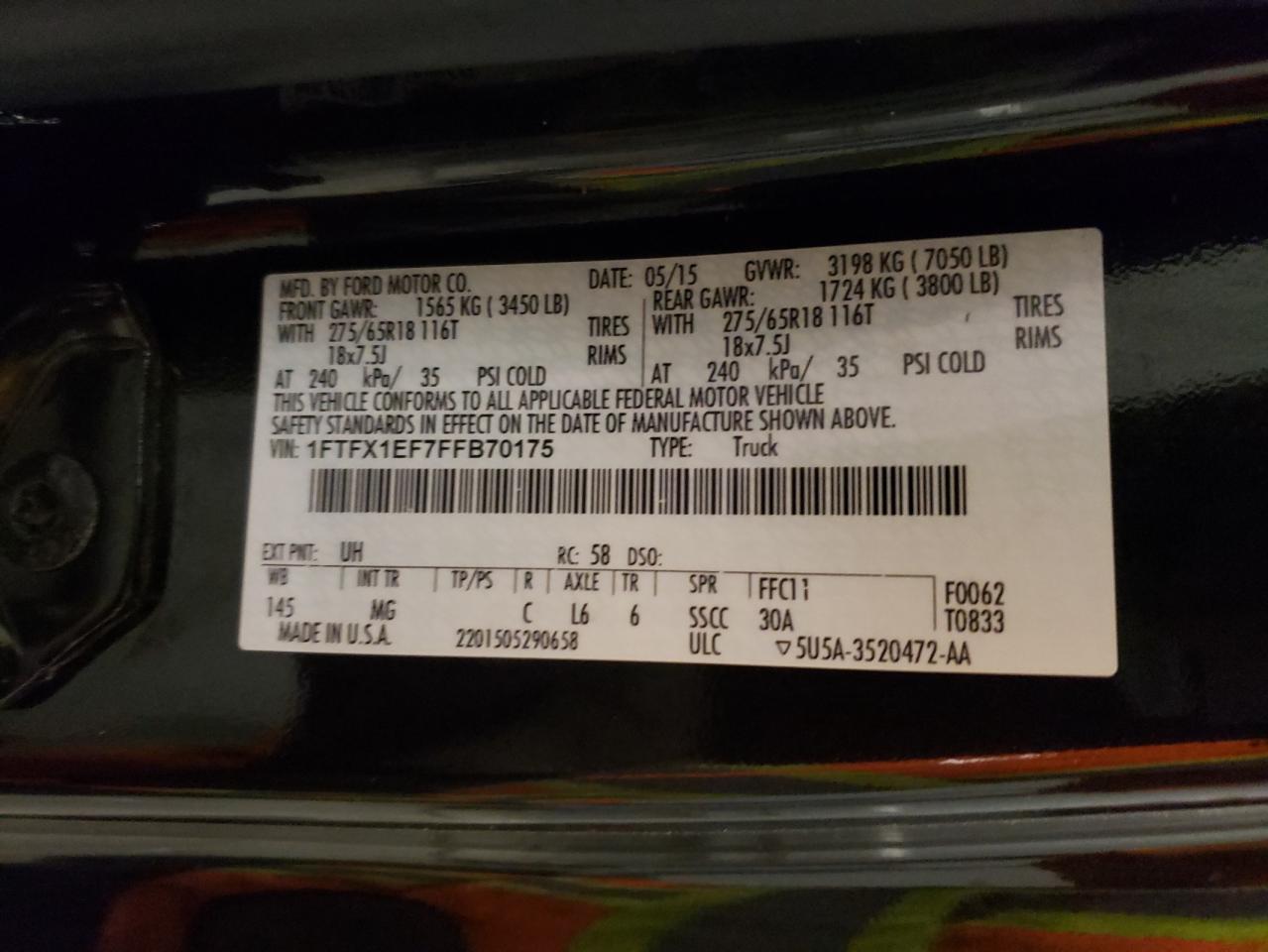 Photo 10 from auction – 2015 FORD F150 SUPER with VIN 1FTFX1EF7FFB70175