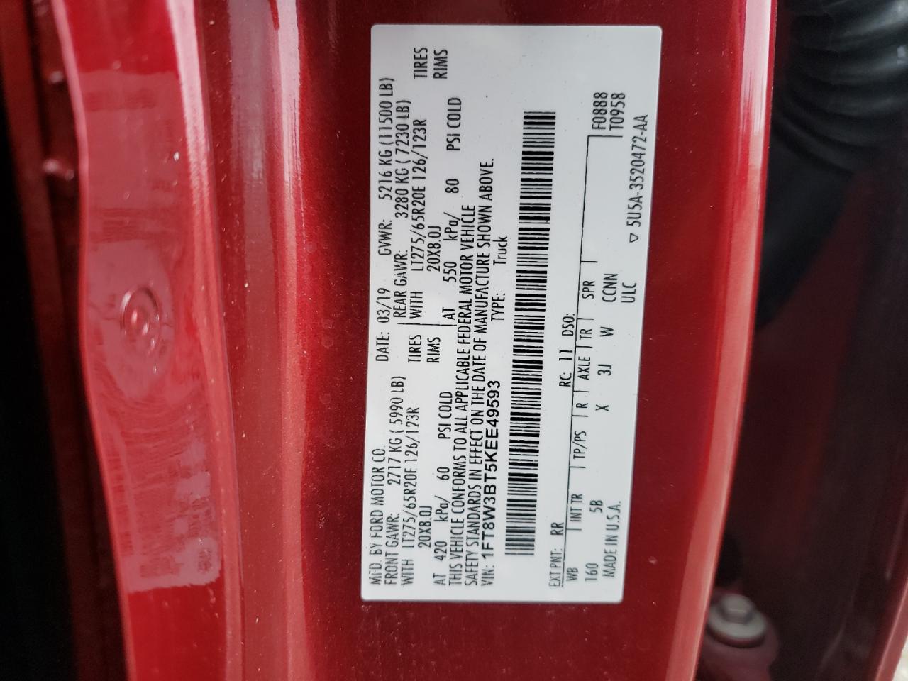 Photo 10 from auction – 2019 FORD F350 SUPER with VIN 1FT8W3BT5KEE49593
