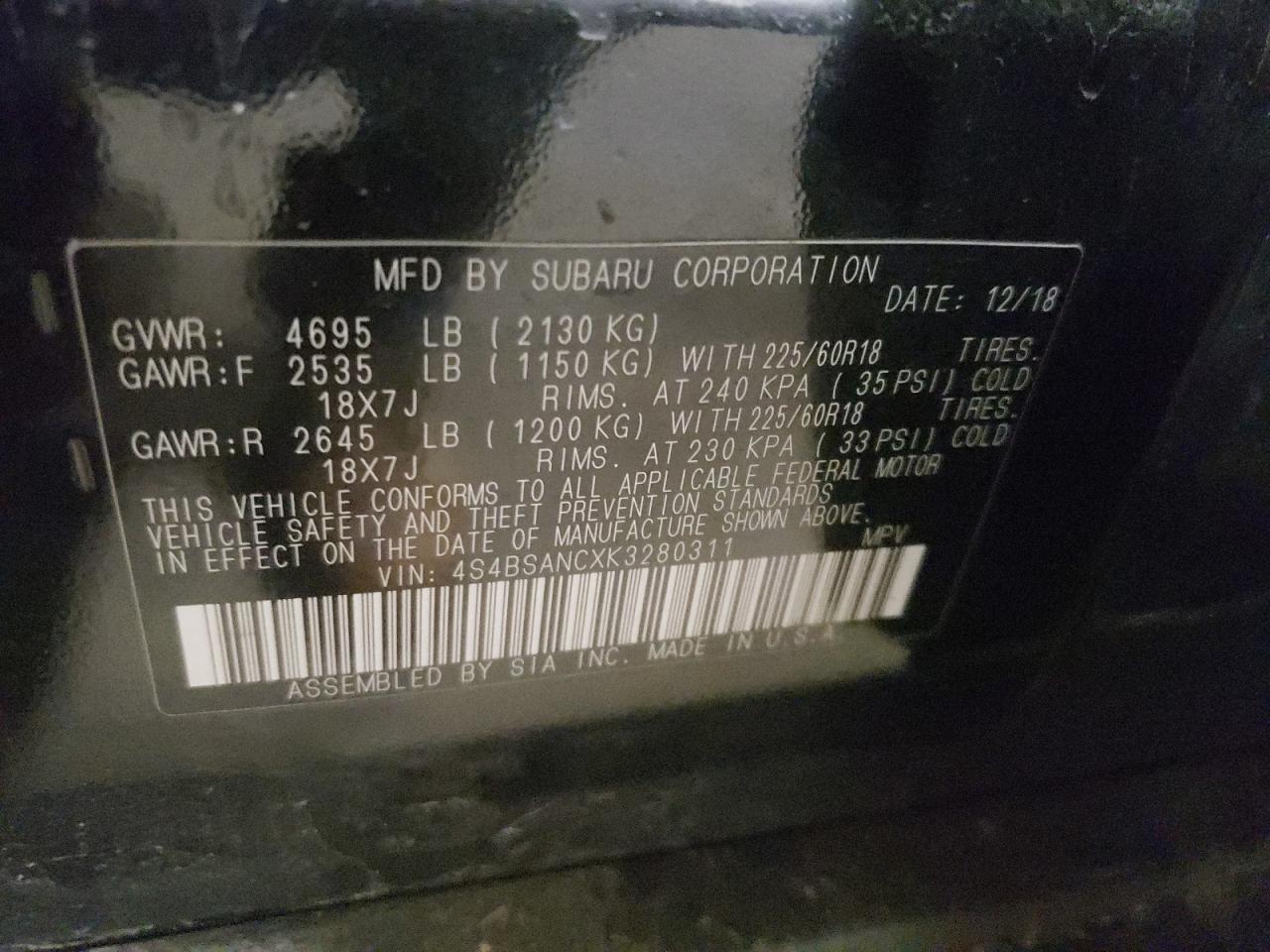 Photo 10 from auction – 2019 SUBARU OUTBACK 2. with VIN 4S4BSANCXK3280311