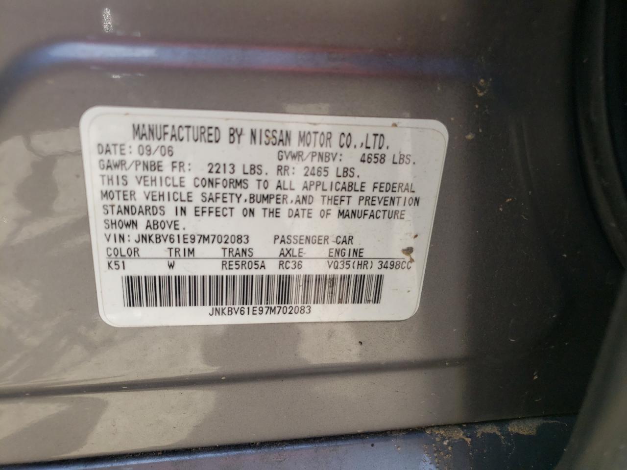 Photo 10 from auction – 2007 INFINITI G35 with VIN JNKBV61E97M702083