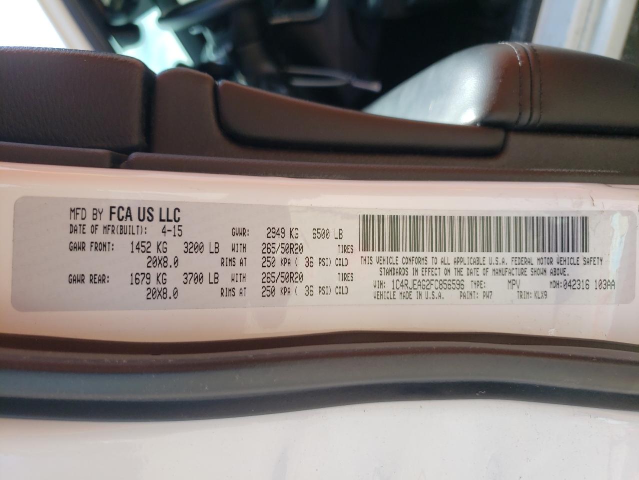 Photo 10 from auction – 2015 JEEP GRAND CHER with VIN 1C4RJEAG2FC856596
