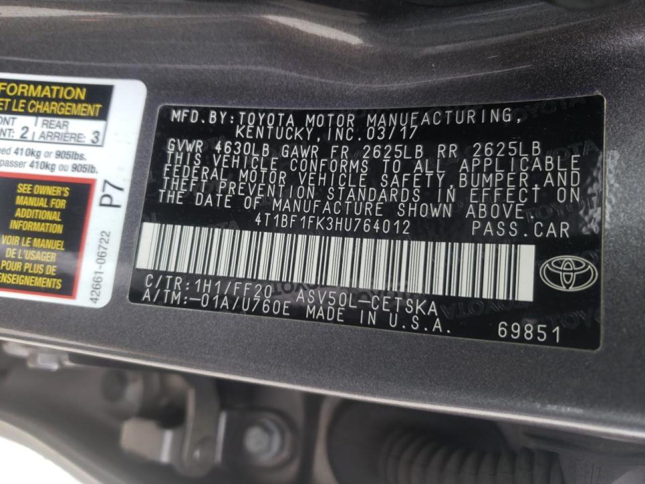 Photo 10 from auction – 2017 TOYOTA CAMRY LE with VIN 4T1BF1FK3HU764012