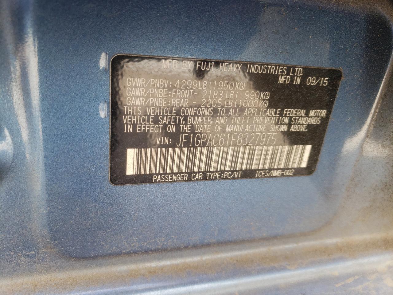 Photo 10 from auction – 2015 SUBARU IMPREZA PR with VIN JF1GPAC61F8327975