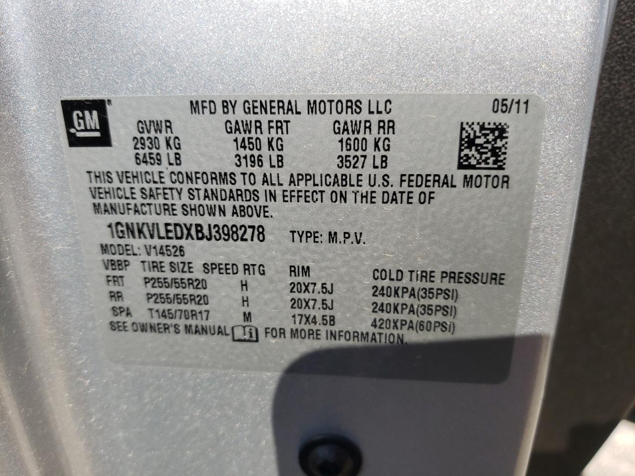 Photo 10 from auction – 2011 CHEVROLET TRAVERSE L with VIN 1GNKVLEDXBJ398278