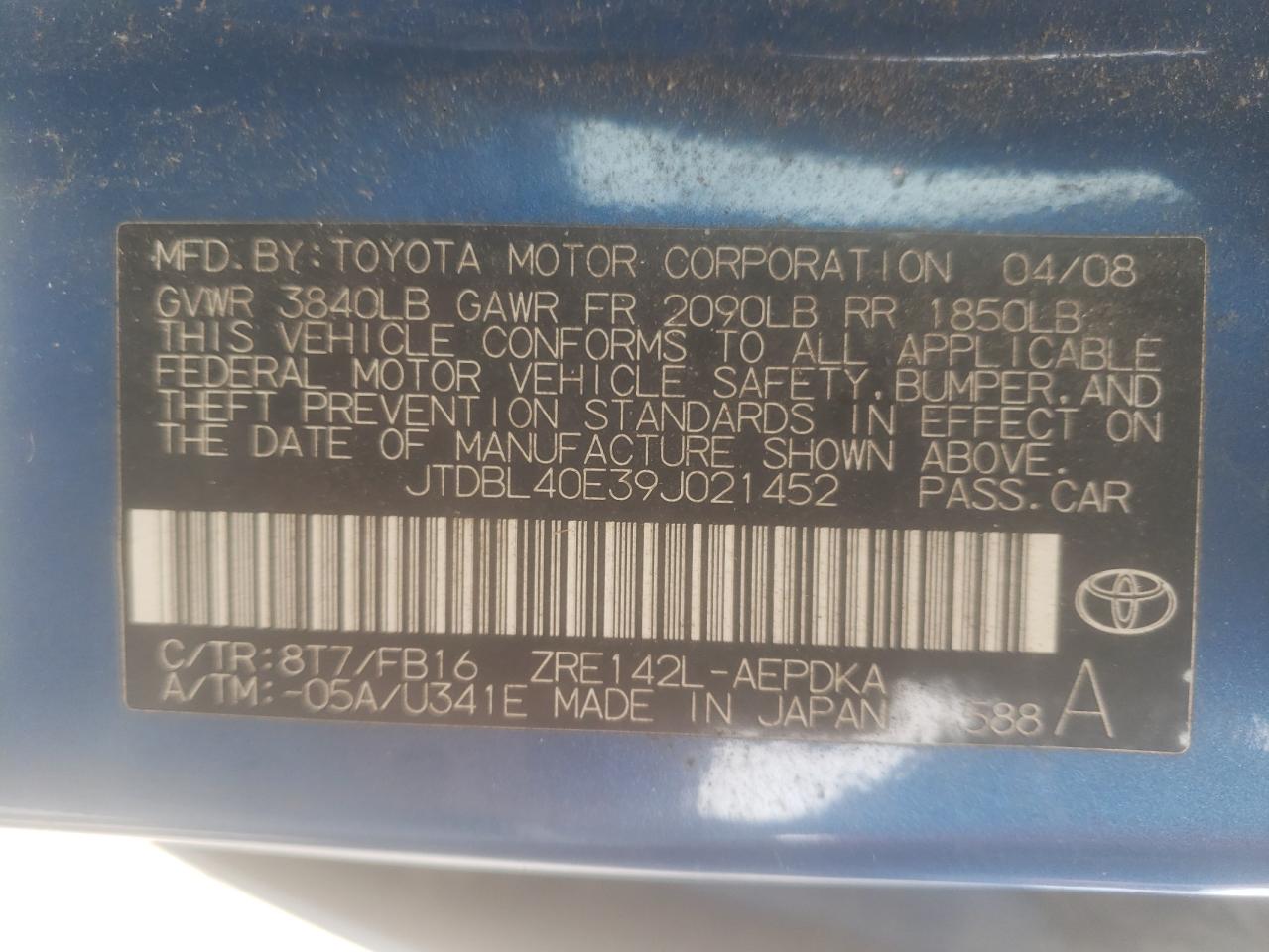 Photo 10 from auction – 2009 TOYOTA COROLLA BA with VIN JTDBL40E39J021452