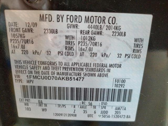 Photo 10 from auction – 2010 FORD ESCAPE XLT with VIN 1FMCU0D70AKB51477