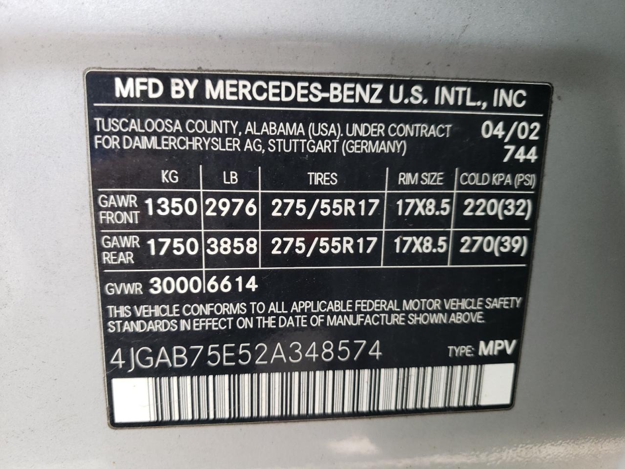 Photo 10 from auction – 2002 MERCEDES-BENZ ML 500 with VIN 4JGAB75E52A348574