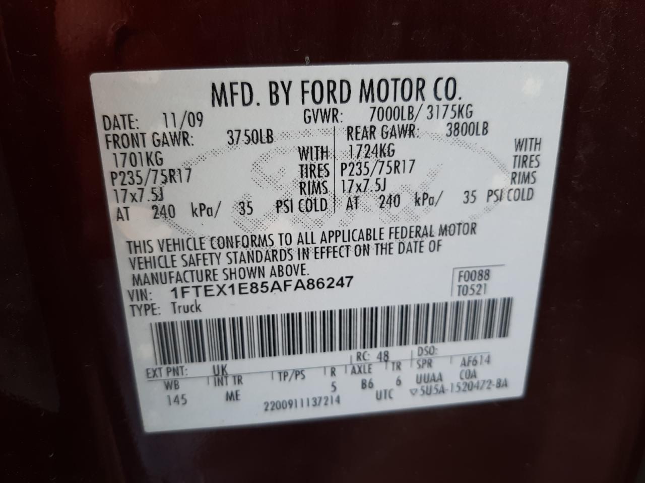 Photo 10 from auction – 2010 FORD F150 SUPER with VIN 1FTEX1E85AFA86247